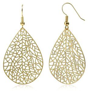 Women's Gold Teardrop Plated Leaf Handmade Filigree Drop Dangle Earrings
